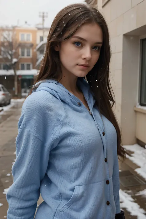 a prety nice looking girl with  an blue eyes and hoody with other girl while snowing taking a selfy