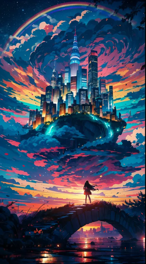 girl standing in big city looking at rainbow sky, the perspective must be behind the girl, very detail face, Near Future City, anime art wallpaper 4k, anime art wallpaper 4k, Anime art wallpaper 8k, in the style dan mumford artwork, amazing wallpapers, kor...