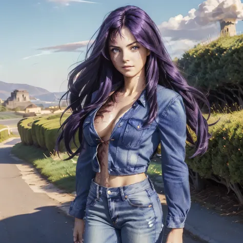 (masterpiece),(best quality), hair over right eye, looking at the viewer, thin body, dynamic poses, (medium breasts: 1.3), young girl, 8k,(summer sunny day:1.5), (seductive body details:1.3), long dark purple hair, purple eyes, seductive light smile, shy, ...