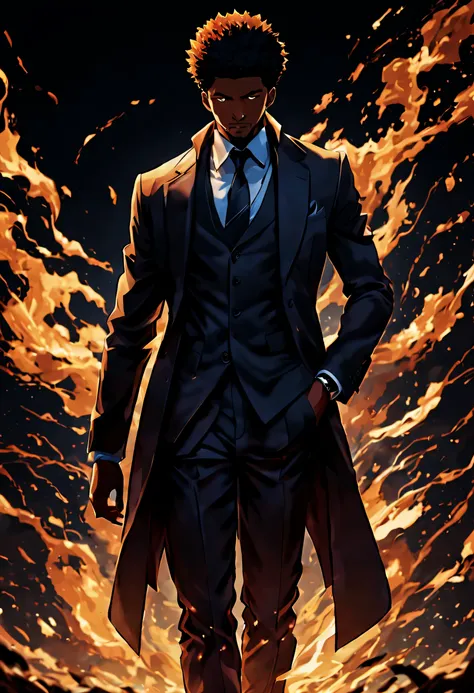 anime, solo leveling, small black adult male anime character in a suit, 8k, best quality, best detailed, cinematic background