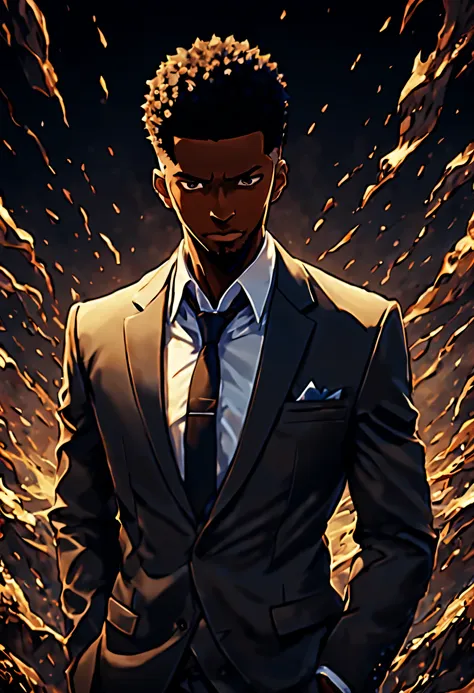 anime, solo leveling, short black adult male anime character in a suit and buzzcut, 8k, best quality, best detailed, intricate d...