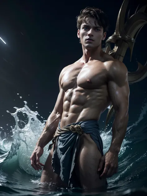 ((masterpiece)),((best quality)),8k, high detailed, ultra-detailed, Stylish Pose, real skin texture, dark cinematic lighting, 18-year-old italian male model, handsome, cute looking, divine look, powerful , (blue eyes:1.4), (god Poseidon:1.3), god of the se...