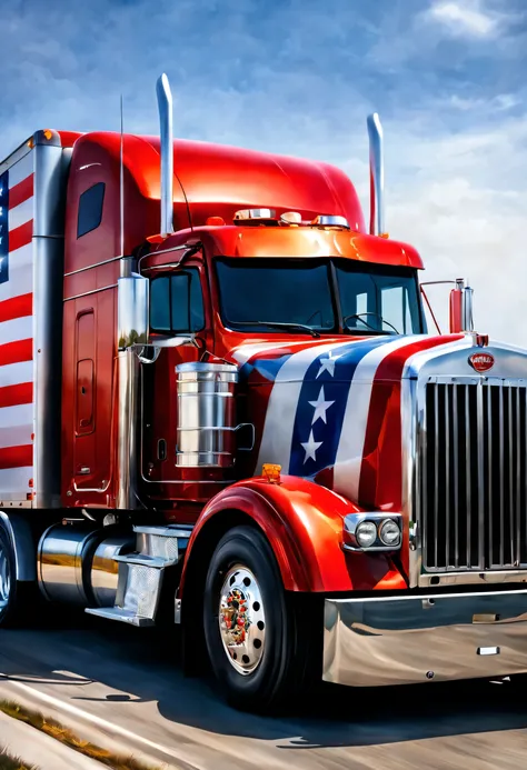 peterbilt truck with american pride on the side, ((patriotic)), realistic paint job, detailed airbrush art, (((semi truck amazin...