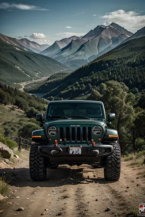 dark green jeep wrangler on huge tall tires setting in the mountains