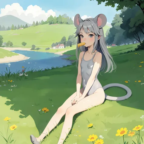 superflat, flat shading, flat colors, 1girl, loli, petite, (mouse ears), light grey swimsuit, grey hair, sitting in grass, (eating cheese), river, grassy hills,, best shadows, rays of sunlight, watercolor