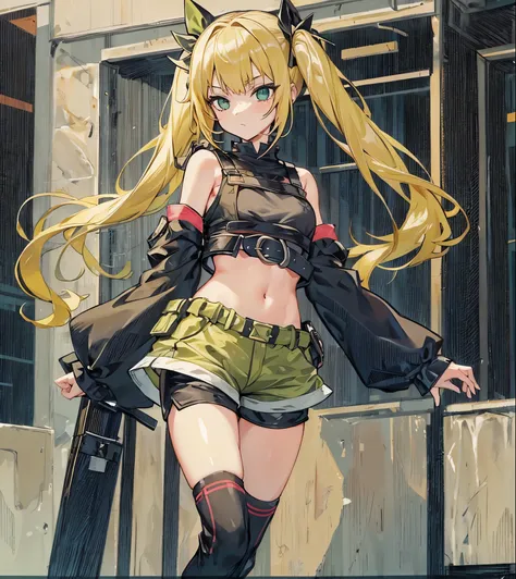 rating:safe, 1girl, solo, blonde_hair, green_eyes, full_body, detached_sleeves, long_sleeves, twintails, black_footwear, standing, black_shirt, boots, striped, shorts, bangs, looking_at_viewer, midriff, crop_top