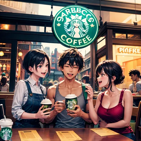 Generate an image of a vibrant Starbucks coffee shop scene with five friends: the main male character, two other male friends, and two female friends, all happily chatting in a brightly lit atmosphere.