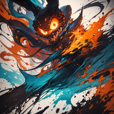 angry octopus messy intense blurry painting abstract with mixed orange and blue 