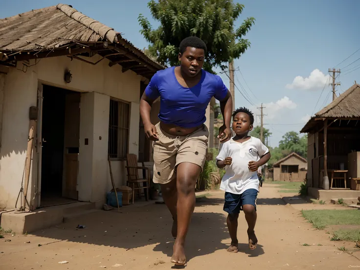 generate a pixar-style image of a chubby Zambian boy running away with a plate of rice and his mother running after him