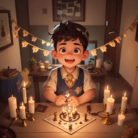 Jew boy lighting a menorah with candles on a table, holding a candle holder, in a room full of candles, he is very happy, he is about 20 years old, he is about 2 0 years old, he is using a kipa on his head