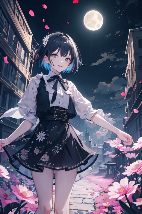 masterpiece, best quality,
1girl, (colorful),cinematic lighting,bust shot,extremely detailed CG unity 8k wallpaper,solo,smile,intricate skirt,short hair,((flying petal)),(Flowery meadow)
sky, cloudy_sky, building, moonlight, moon, night, (dark theme:1.3), ...