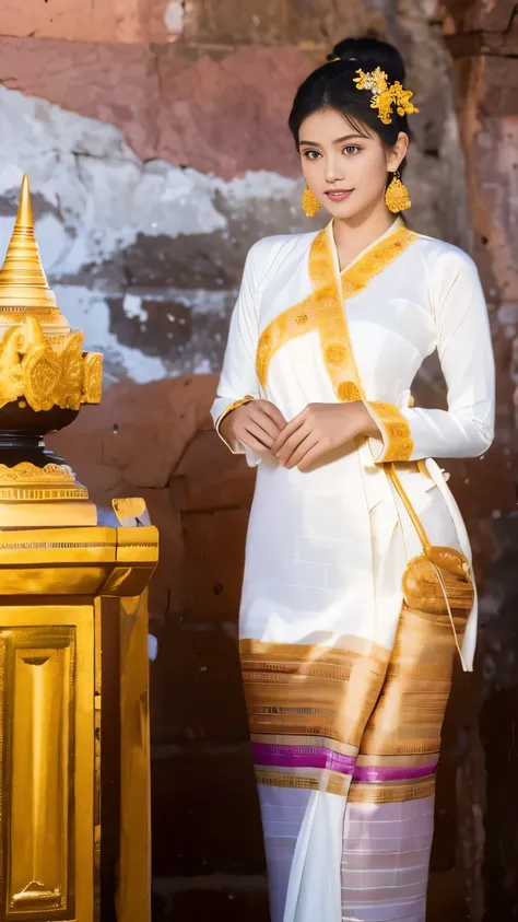 A breathtakingly beautiful young woman dressed in a Keng Tong Tai Khun traditional outfit, captured in a full-body photorealistic portrait against the backdrop of the majestic Bagan temples.

Details:

Outfit:
Exquisite Keng Tong Tai Khun traditional costu...