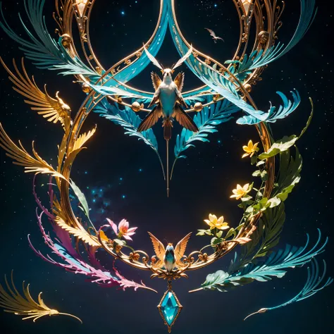 Galaxy Stars Nebulae Nebula sunrise epic sunset sunshine epic Bird Sparrow ((Gorgeous Bird Sparrow_bird_with_open_wings flying cherry_blossom wings_spread_upwards surmounted wings surrounded intertwined feather)) unrealengine5 ultra Cinamatic_Sunlight "Spa...