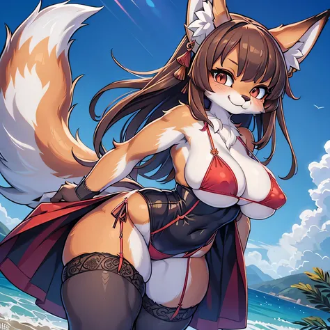 senko san, china dress, stocking, female furry mini cute style, holo a wolf girl, girl in a string bikini with a fox tail, female furry mini cute style, holo a wolf girl, realistic bikini, furry brown body, holo if a wolf girl, furry, fox tail, swimsuit, f...