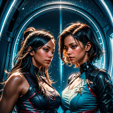 ((Zoe Saldana guckt neugierig)), ((she has round breasts)), ((Startrek)), (ds9st uniform), ((Uniform-Hose)), ((white tank top)), (sie steht in ihrer Kabine auf der Enterprise), "Suit Startrek Outfits" , (kleiner Kopf), ((detailliertes Gesicht)), Weiches fi...