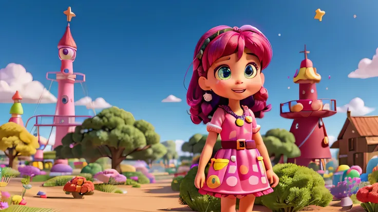 In the foreground, Mazey stands, dressed in a candy-inspired explorers outfit. Her attire includes a licorice belt, a gumdrop necklace, and a colorful dress reminiscent of rainbow-colored sweets. Mazeys wide-eyed expression exudes curiosity and excitement,...