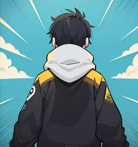 photo from behind, chico anime con una chaqueta negra con cabello negro y ojos amarillos, estilo de arte anime, high quality estilo de arte anime, joven animado, anime estilizado, trigger estilo de arte anime, Estilo anime 2D, modelo de youtuber virtual li...