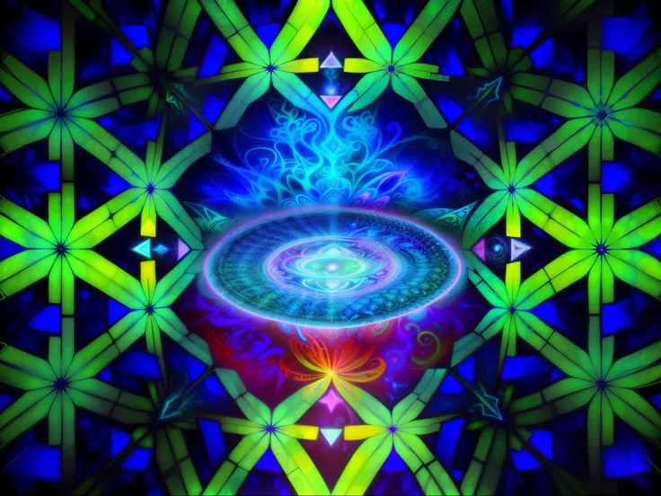 a close up of a colorful abstract design with a blue and green light, dmt entity ; lsd art, psychedelic digital art, digital visionary art, dmt visuals, ethereal hologram center, electromagnetic field dmt lsd, galactic dmt entity, patterned visionary art, ...