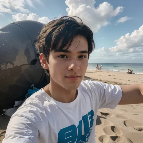 boy, approximately 19 years old, taking a selfie on the beach