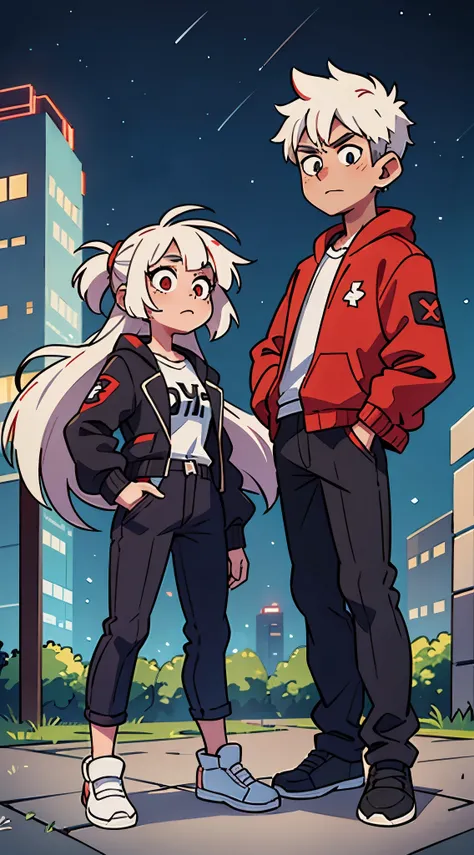 1 red haired male , 1 white haired female, in a city, night time , looking at stars, wearing black clothes