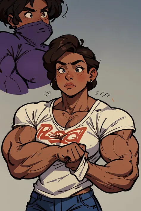 muscle girl with High cheekbones and a strong jawlineflexing muscles wearing purple muscle shirt and light blue jeans, her hair a rich chestnut brown, giving her a dynamic and youthful appearance, muscle woman, big muscles, huge muscles, massive muscles, m...