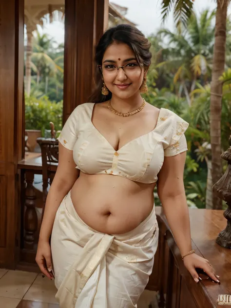 indian woman wearing wearing (onam saree), (young woman), 20 years old, (chubby cheeks:1.4), (curvy figure:1.3), (eyeglasses), (...