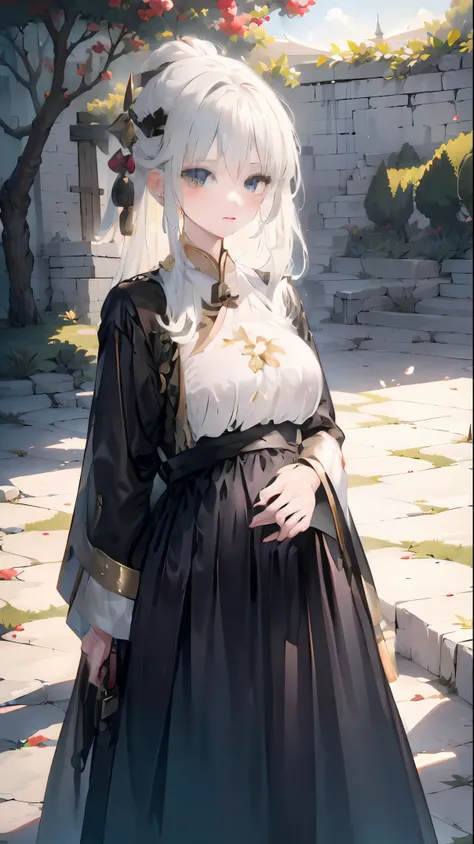 Golden hairpin, white ash hair, black shirt, white skirt, (black cloak:1.2), pale face, sweating, heavy breath, blushing, pregnancy  dresest quality:1.2), ultra-detailed,realistic ,portraits, vivid colors, soft lighting, interesting PoV, stocking, straight...