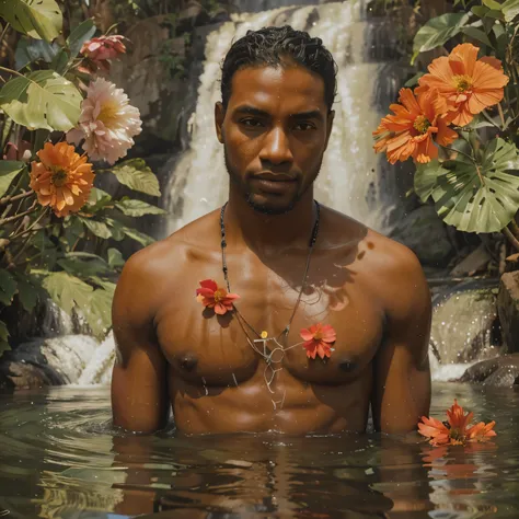 A imagem ultra realista mostra um homem negro,  em uma cachoeira. He is surrounded by flowers, com algumas gotas caindo em seu corpo. The scene is peaceful and picturesque, com o homem parecendo estar em contato com a natureza. The image is colorful and de...