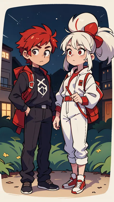 1 red haired male , 1 white haired female, in a city, night time , looking at stars, wearing black clothes