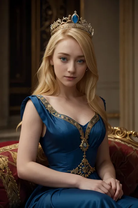 Blonde woman with a crown and a clear blue eyes, Saoirse Ronan, simple jewels, twenty years, dark blue regency dress, 1814