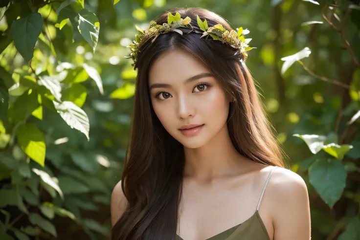 Asian Woman Wearing a flowing, earth-toned dress inspired by nature.Adorn hair with leaves, vines, or a woodland-inspired crown. Blend seamlessly with nature, using natural light and surroundings. Nikon d850 85 mm low angle shot