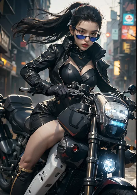 Huntress riding a high-tech motorcycle, Shoot high-tech artillery, Sparks from the gun, (1 female, brown eyes, white skin, Twin-tailed black hair, choker, small breasts, skinny, lip whole, compensate, eyeliner, Russia), Wearing black one-piece leather armo...