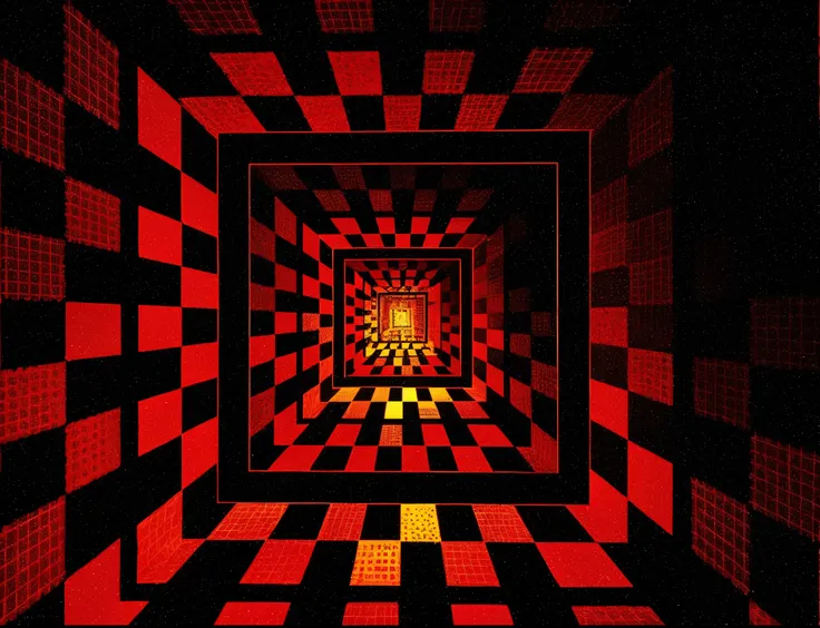 a close up of a red and black square pattern with a yellow light, claustrophobic room, by Jon Coffelt, high quality voxel art, entering the mind maze, voxel art, inside the picture is infinity, amazing depth, geometric liminal space, infinite hallway, illu...