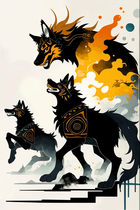 8k, Tribal Spirit animals, A t-shirt design inspired by tribal art and folklore, featuring intricately detailed spirit animals such as wolves, The design incorporates geometric patterns and bold linework to create a striking and powerful composition, white...