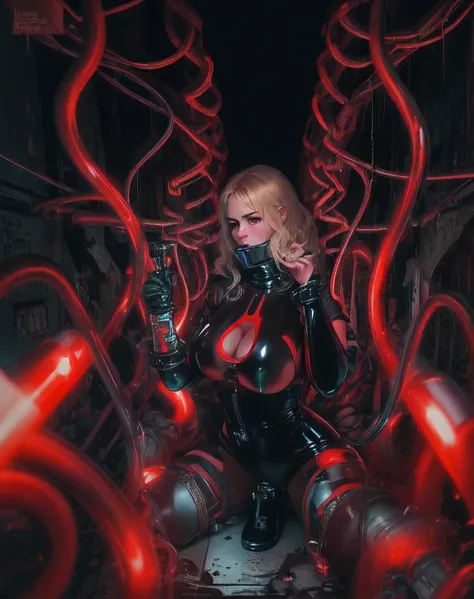 analogue photo, BDSM scene, young blonde woman, (((big boobs))), young man, (muscle), ((((dark minimalist dungeon)))), (neon lights red and green lights), (((((latex BDSM clothes))))), handcuffs, whip, supermodel, (((slave and master pose)), masterpiece, e...