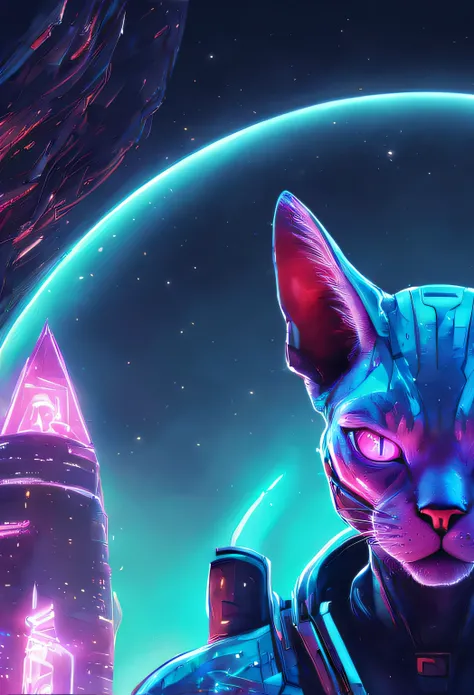 um close de um gato em um terno futurista com uma cidade futurista ao fundo, gato cyberpunk, gato do vazio, gato ciborgue, beeple style hybrid mix, Beeple e Jeremias Ketner, just a joke, not beeple style, Cybercat, gato espacial, Greg Beeple, an anthropomo...