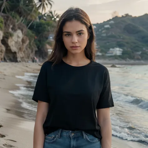 (8k, RAW photo, best quality, masterpiece:1.2), (realistic, photo-realistic:1.37) a girl standing in-front of the beach wearing black t-shirt and blue denim, casual yet stylish and effortless, party glamour