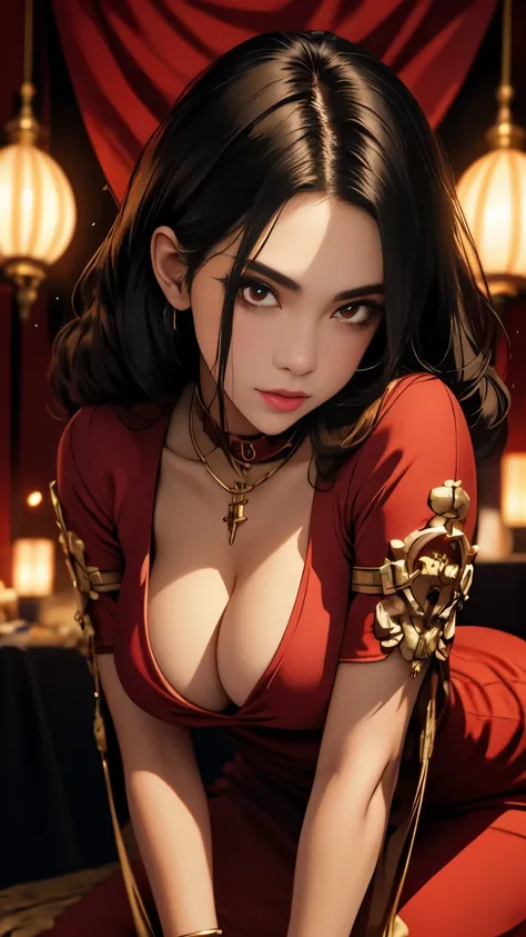 Beautiful woman, black hair,red eyes,red hanfu, ((red royal room)), massive perfect breast, cleavage,red dress, ultra realistic detailed ray tracing cinematic shot unreal engine, highly detailed skin texture, extreme details, dynamic pose,