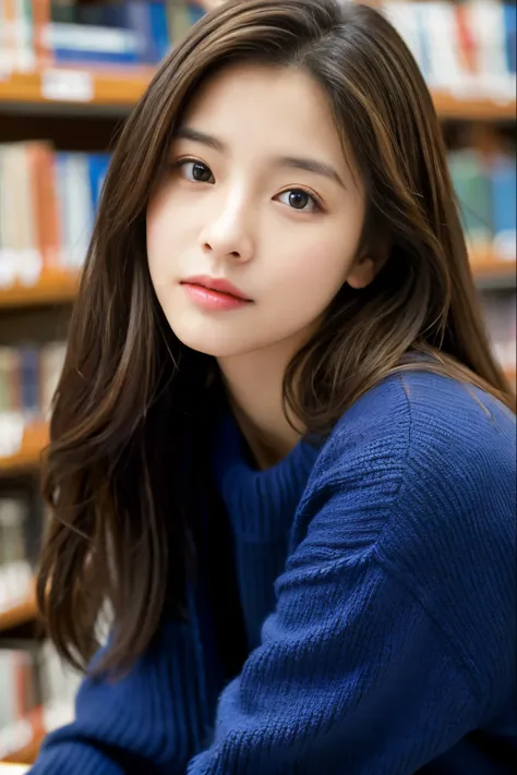 random pose、highest quality、Super high resolution、(Photoreal:1.5)、1 girl、Dark blue sweater、(long brown hair:1.2)、(small breasts:1.2)、Library、looking at the viewer、Close-up、Full body Esbian、lewd eyes