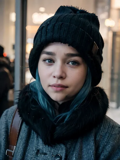 21 year old freezing woman blue hair Emilia Clarke face, in winter, with a warm black hat