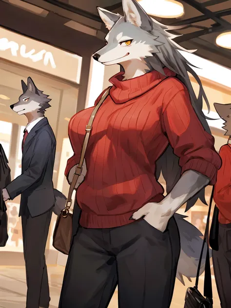 1female, ((best quality, detailed anatomy)), Wolf, smirk, serious eyes, grey furs, skinny chub, tail, grey long bob hair, dark yellow eyes, young, big boobs, red sweater, pants, handbag, in the mall, by Bebebebebe, by K0BIT0WANI, by Kiyosan 