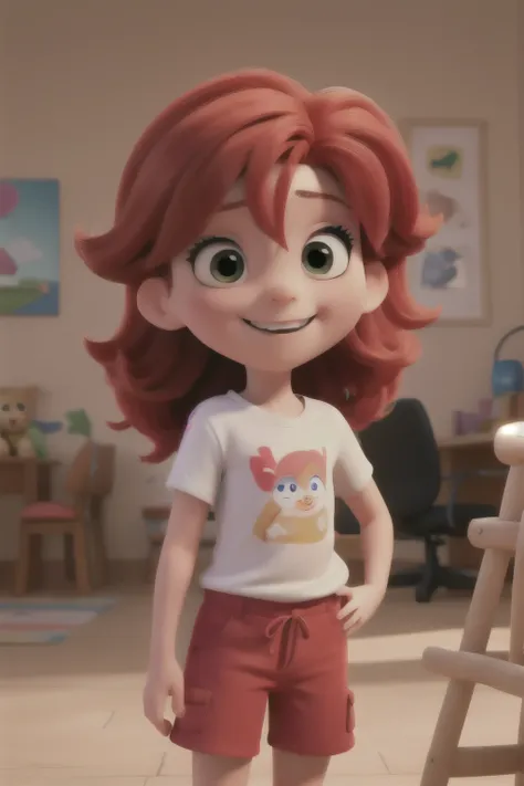 charming 5 year old child, displays red hair that flows down to her shoulders, wearing a vibrant red t-shirt and light shorts. h...