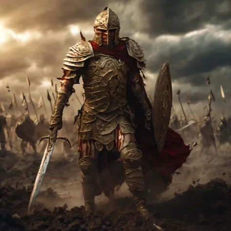 (best quality,4k,8k,(realistic,photorealistic,photo-realistic:1.37),warrior,elegant detailed eyes, in a battlefield, rusty armor covered in dirt and blood,sword raised high, intense gaze, muscles taut, golden sunlight filtering through the clouds, dark smo...