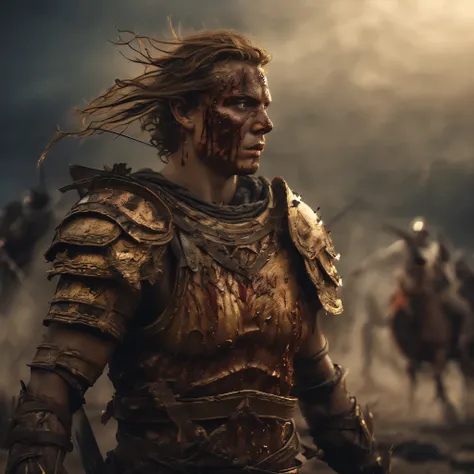 (best quality,4k,8k,(realistic,photorealistic,photo-realistic:1.37),warrior,elegant detailed eyes, in a battlefield, rusty armor covered in dirt and blood,sword raised high, intense gaze, muscles taut, golden sunlight filtering through the clouds, dark smo...