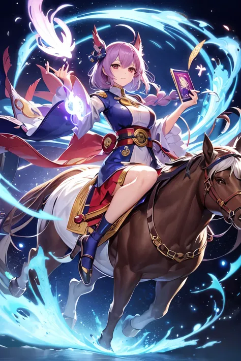 anime character with a laptop on her back riding a horse, official character art, full portrait of elementalist, official character illustration, onmyoji detailed art, touhou character, shadowverse style, cushart krenz key art feminine, full color illustra...