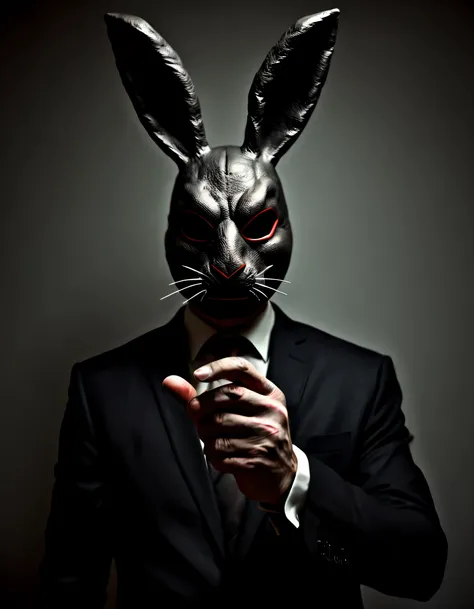 a bizarre man in a rabbit mask, holding a faction in hand, ilustrativo, medium, escuro e misterioso, atmosferas assustadoras, cores, olhos vermelhos, lowkey lighting, contraste intenso, melhor qualidade, ultra detalhado, realista, horror, textura incrivel,...