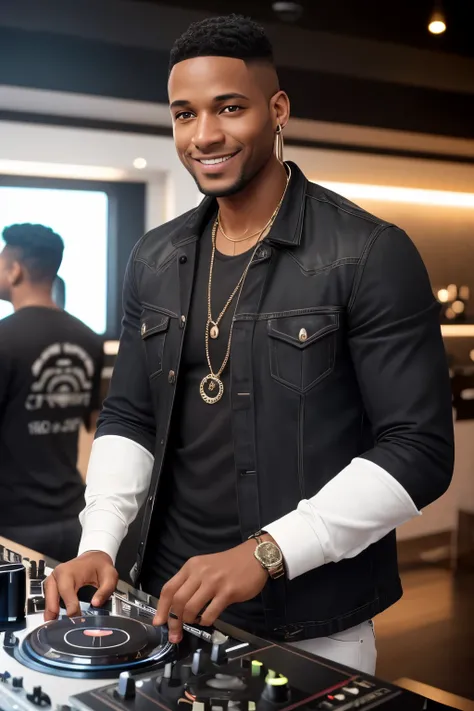 A captivating image of a young black man, age 35, with a seductive smile that leaves you enchanted. His thin build is accentuated by machine-shaved hair that gleams under the light. In the role of a talented DJ, he wears casual yet fashionable attire that ...