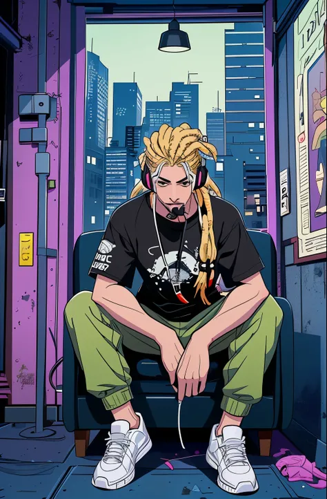 male character, goatee, blonde Dreadlock, cigarette in mouth, headphones on, cell phone in hand, black t-shirt, camouflage pants, white sneakers, sitting in a chair looking at window, dark environment, window showing the city at night, anime style, lofi bo...