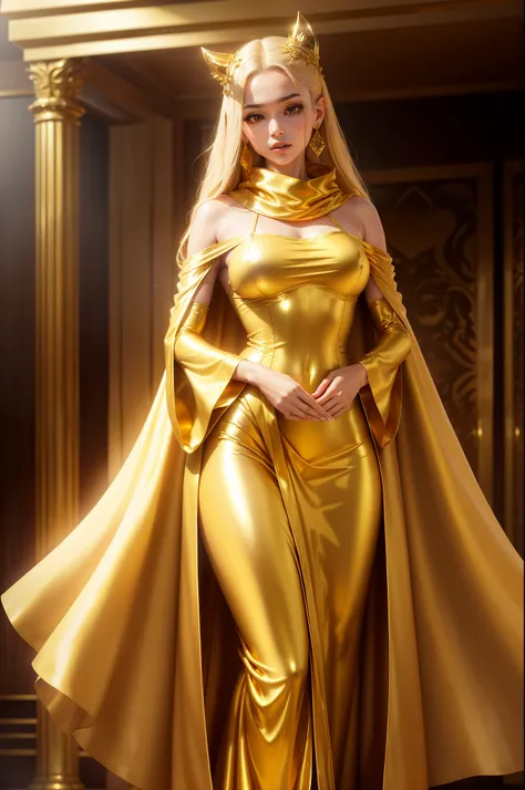 araffe woman in a gold outfit standing in a room, draped in silky gold, gold clothes, golden robes, with yellow cloths, gilded outfit, draped in gold, gold suit, gold silk, sukhothai costume, draped in shiny golden oil, tai costume, flowing golden scarf, g...