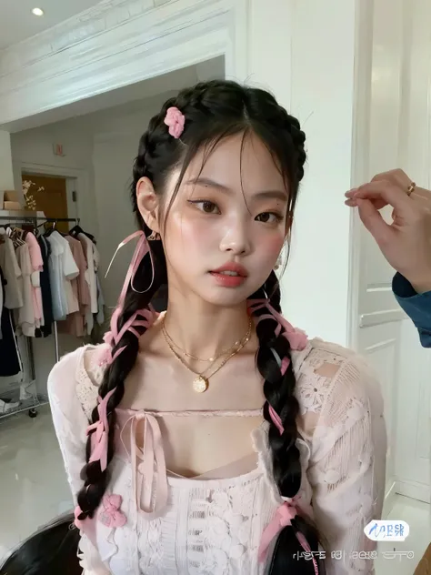 jennie kim arafada com cabelos longos e cabelo rosa em uma sala, braids hairstyle, two braids hairstyle, jennie blackpink, penteado twintails, short braids hair, maquiagem sul-coreana popular, braids hair, maquiagem coreana popular, with black braids, pent...